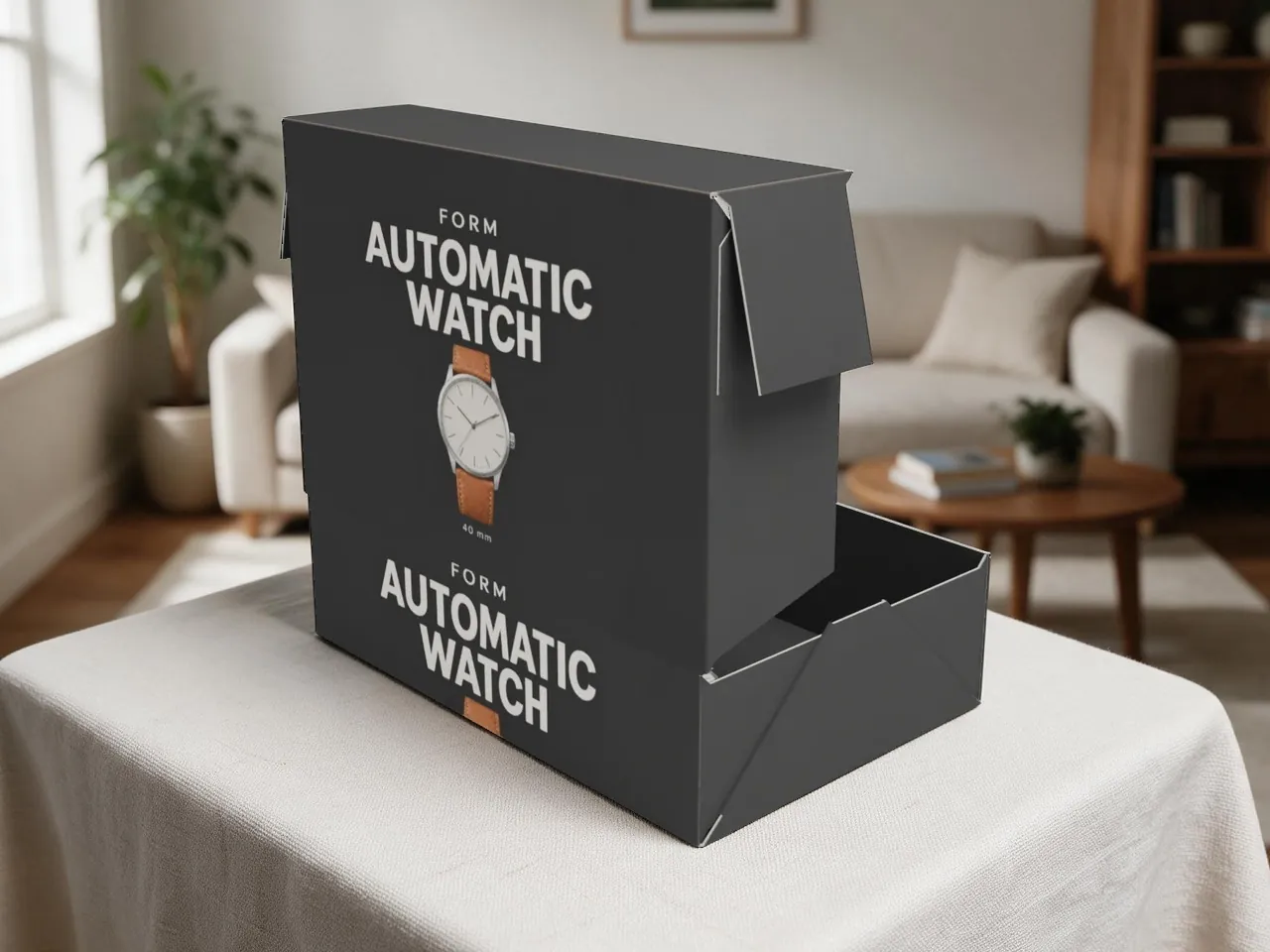 Geschenkbox — an vier Ecken geklebtes Tray, nach innen gefaltet, mit Klappdeckel · 3D-Schachtel