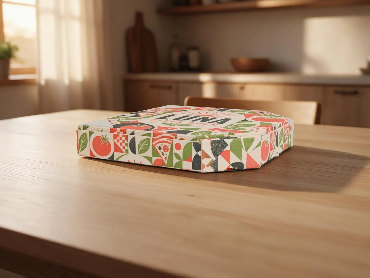 Pizzakarton — aus Wellpappe, selbstschließend (Modell 2) · 3D GEFALTET
