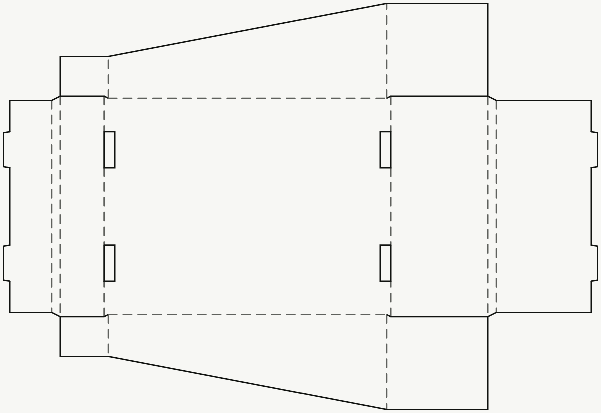 Display- und regalfertige Verpackung — selbstschließende doppelte Stirnwände · 2D-Stanzkontur