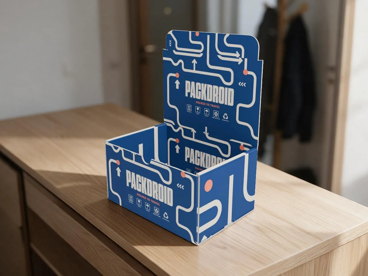 E-Commerce-Versandverpackung — selbstschließend, Klappdeckel mit Frontklappe · 3D GEFALTET